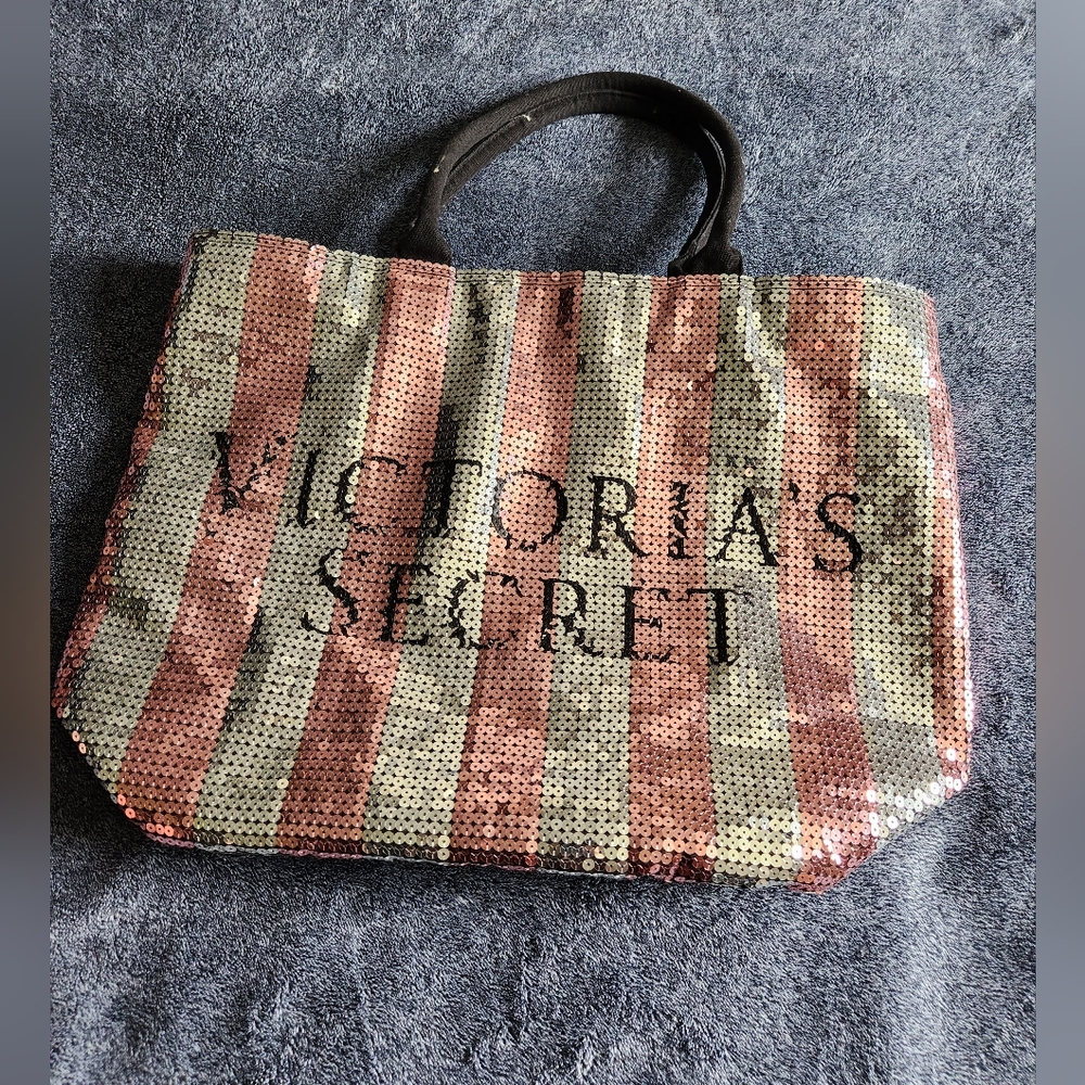Victoria's Secret Sequin Striped Weekender Tote in Pink and Silver